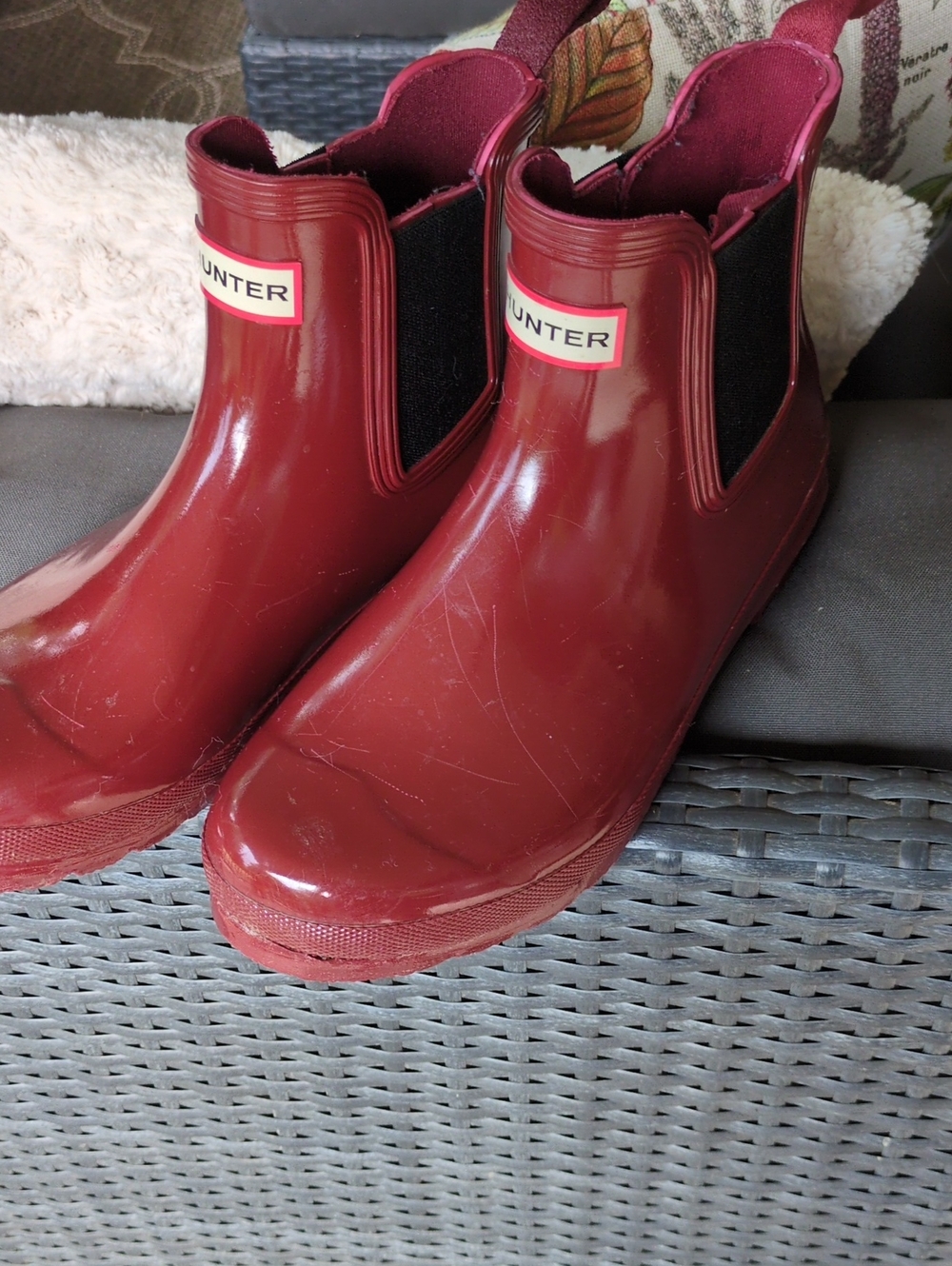 Hunter Glossy Reddosh-Burgundy Chelsea Rain Booties with Black Panels